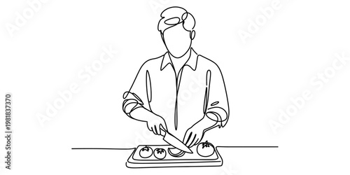 A continuous line drawing of a person focused on carefully slicing fresh tomatoes on a board Vector, illustration