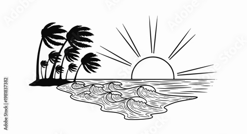 Stylized black and white sketch of a tropical island sunset over a choppy ocean