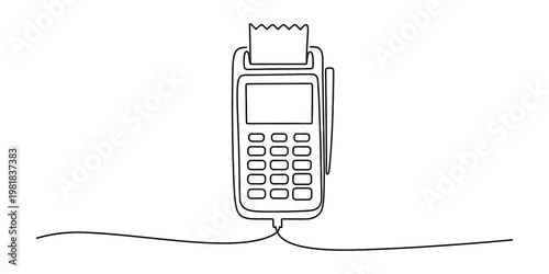 A single continuous line drawing of a point of sale terminal with a receipt printing out of it Vector, illustration