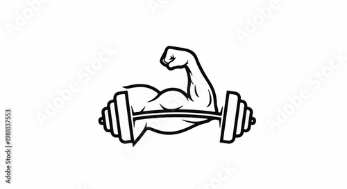 Stylized black and white illustration of a flexed bicep over a dumbbell
