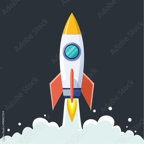 Dynamic Rocket Launching Flat Vector Illustration with Smoke and Flames on Dark Background