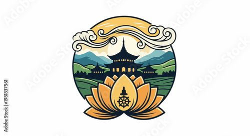 Stylized Buddhist temple nestled in hills with a lotus flower emblem