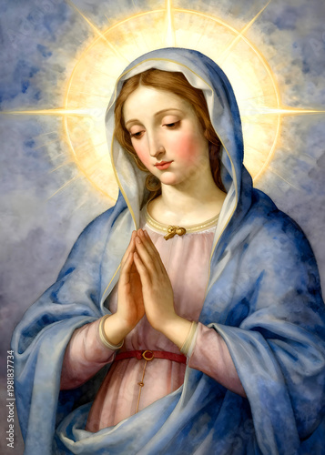 Painting of the praying Virgin Mary with a golden halo