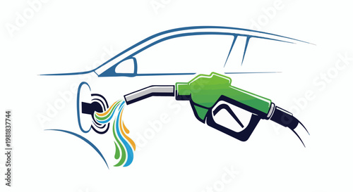 Stylized car receiving colorful fuel from a gas pump nozzle