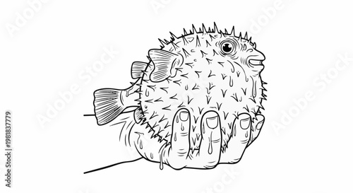 Spiky fish being held carefully in two hands with drips