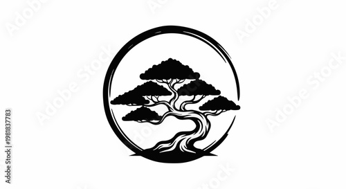 Stylized black bonsai tree within a circular frame