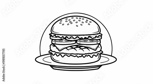 Stylized black and white illustration of a multi-layered burger on a plate