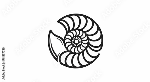 Stylized black and white illustration of a nautilus shell spiral