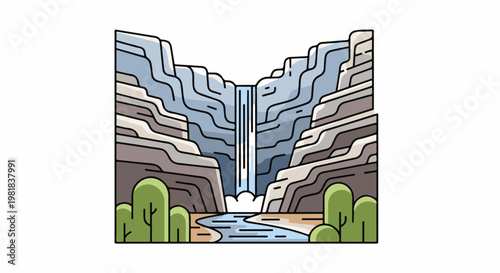 Stylized canyon waterfall with layered rocks and desert plants