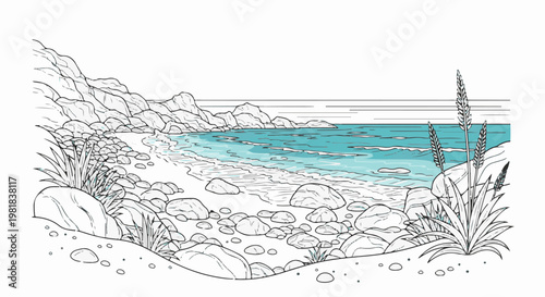 Sketch of a rocky coastline with turquoise waves and sandy shore
