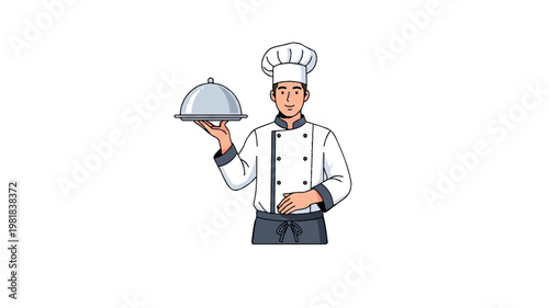 Professional Chef Holding Serving Tray in Restaurant Kitchen Uniform Portrait