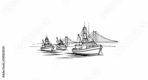 Sketch of fishing boats sailing with a large suspension bridge in the background