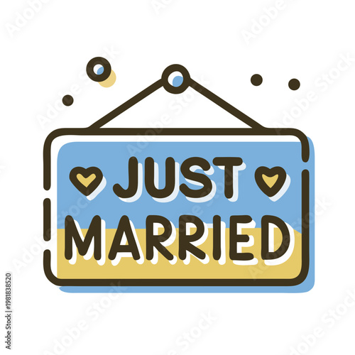 Just Married Sign in Bright Colors with Decorative Hearts and Dots 