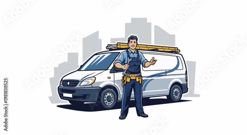 Smiling handyman with tool belt and van, ready for work