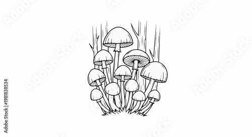 Sketch of many mushrooms growing in a clump with thin stems