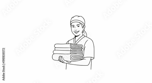 Smiling person in medical attire holds stack of folded towels