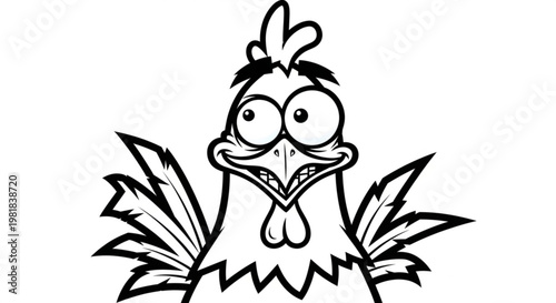 A cartoon chicken with a surprised expression on its face in a black and white vector illustration