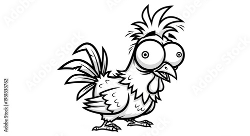 A cartoon rooster with big eyes and a comical expression in a black and white vector illustration