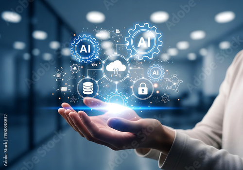 A business professional holding a glowing digital interface showing artificial intelligence and cloud computing networking icons