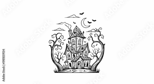 Spooky haunted mansion with bare trees, bats, and moonlit sky