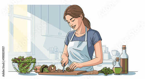 Smiling woman chopping vegetables in a bright, sunny kitchen