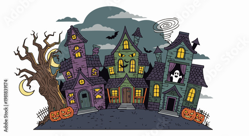 Spooky haunted houses with pumpkins, bats, a ghost and a twisted tree
