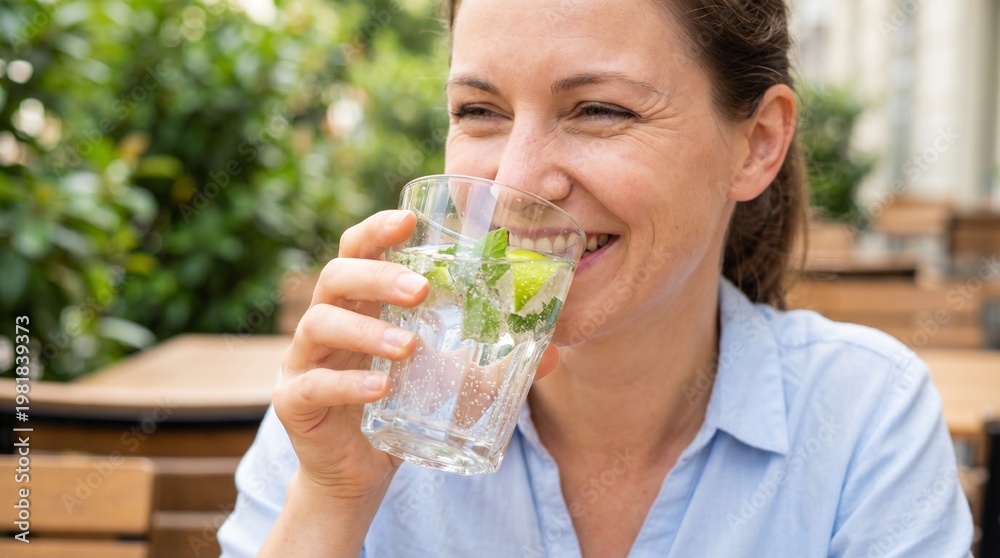 Fototapeta premium Smiling woman drinking sparkling water with lime and mint in outdoor cafe, refreshing moment and relaxed summer vibe