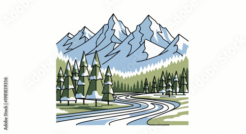 Snow-capped mountains overlook a winter forest with a winding river