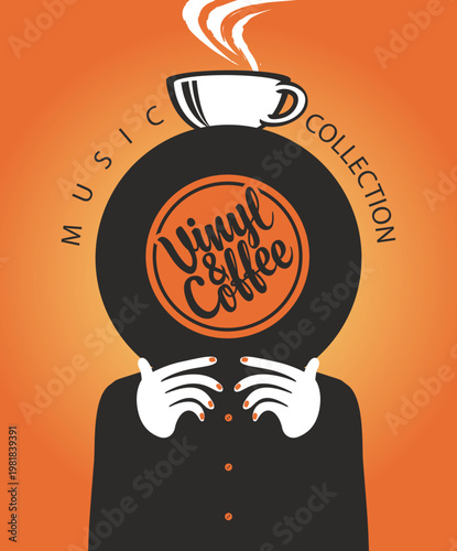 Vector banner for a vinyl record store or a retro music cafe menu with a person, vinyl record in his hands instead of a face, a cup of coffee and the inscription Vinyl Cafe in vintage style. Logo, men