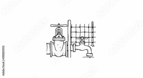 Sketch of plumbing valves and a spigot next to a fence