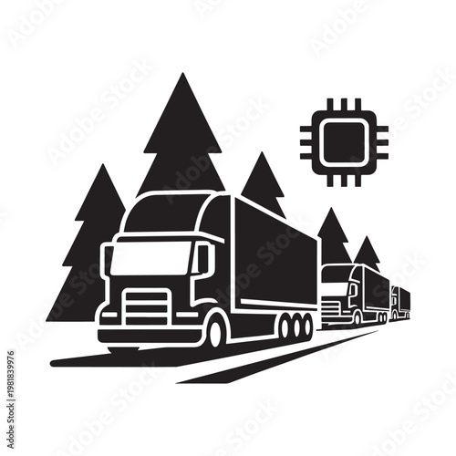 A black and white illustration depicts a convoy of trucks traveling through a stylized forest landscape