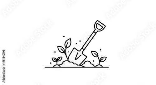 Simple line drawing of a shovel planting young sprouts in the soil