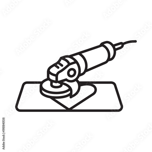 A detailed line drawing depicts an angle grinder positioned atop a rectangular metal plate high quality professional