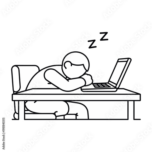 Vector of a tired person sleeping at their desk with a laptop.