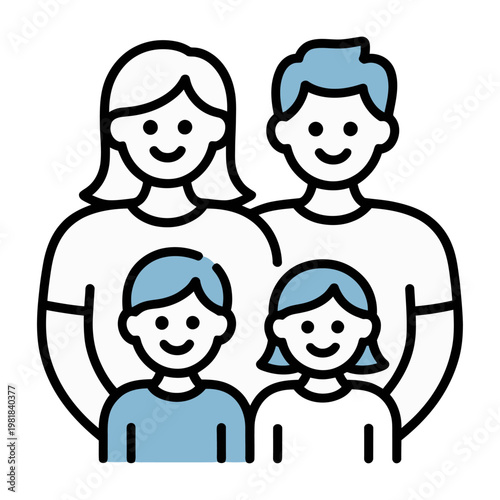 Vector of a happy family with two parents and two children standing together in a simple, modern style.