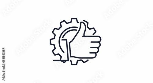 Simple outline icon of a hand giving a thumbs-up sign behind a gear
