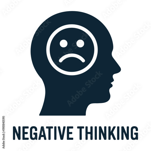 Vector of a person's head with a frowning face inside, symbolizing negative thinking and emotions.