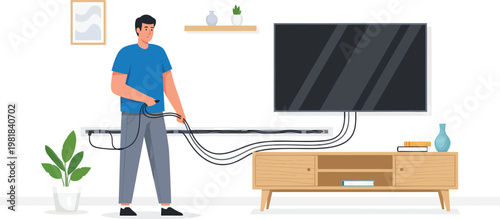 Technician connecting television cables with cable organizer.