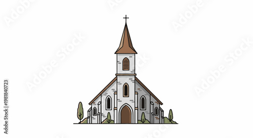 Simple church with a steeple, arched windows, and surrounding trees