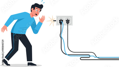 Alarmed man reacts to sparking electrical outlet.