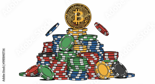 Stacks of colorful chips topped with a golden bitcoin coin