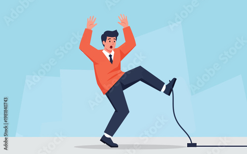 Businessman tripping over loose cable with startled expression.