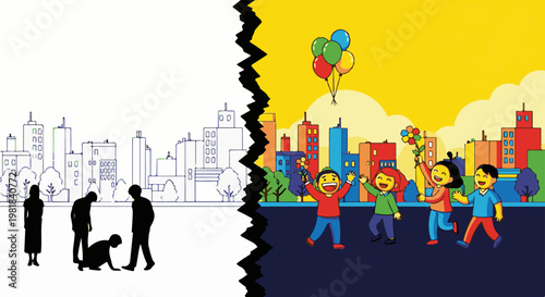 Stark contrast of a somber city skyline with silhouettes versus a vibrant cityscape with joyful children