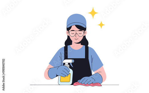 Cartoon cleaner with spray bottle wiping surface.