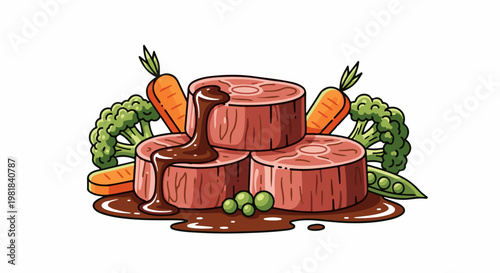 Steaks and vegetables generously covered in rich brown sauce