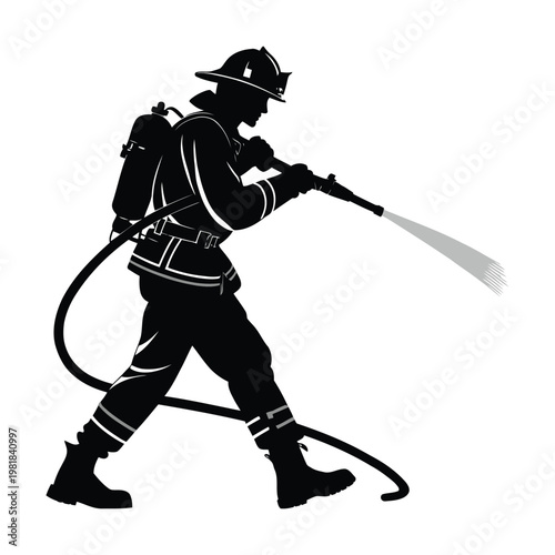 Silhouette of a firefighter in uniform spraying water from a hose with a tank on back