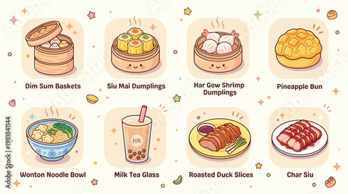 A collection of cute cartoon illustrations featuring various popular Asian dishes and drinks, including dim sum, noodles, roasted duck, and milk tea, set against a light background with stars.