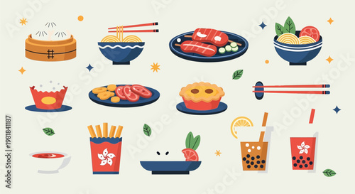 A vibrant illustration of various Asian and international food and drink items, including dim sum, noodles, grilled meat, bubble tea, and desserts.