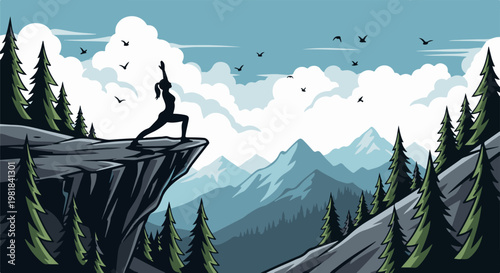 Silhouette of person in yoga pose on cliff edge with mountains