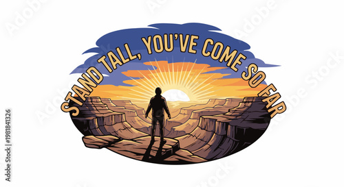 Silhouette of person at canyon rim facing sunrise, with motivational text